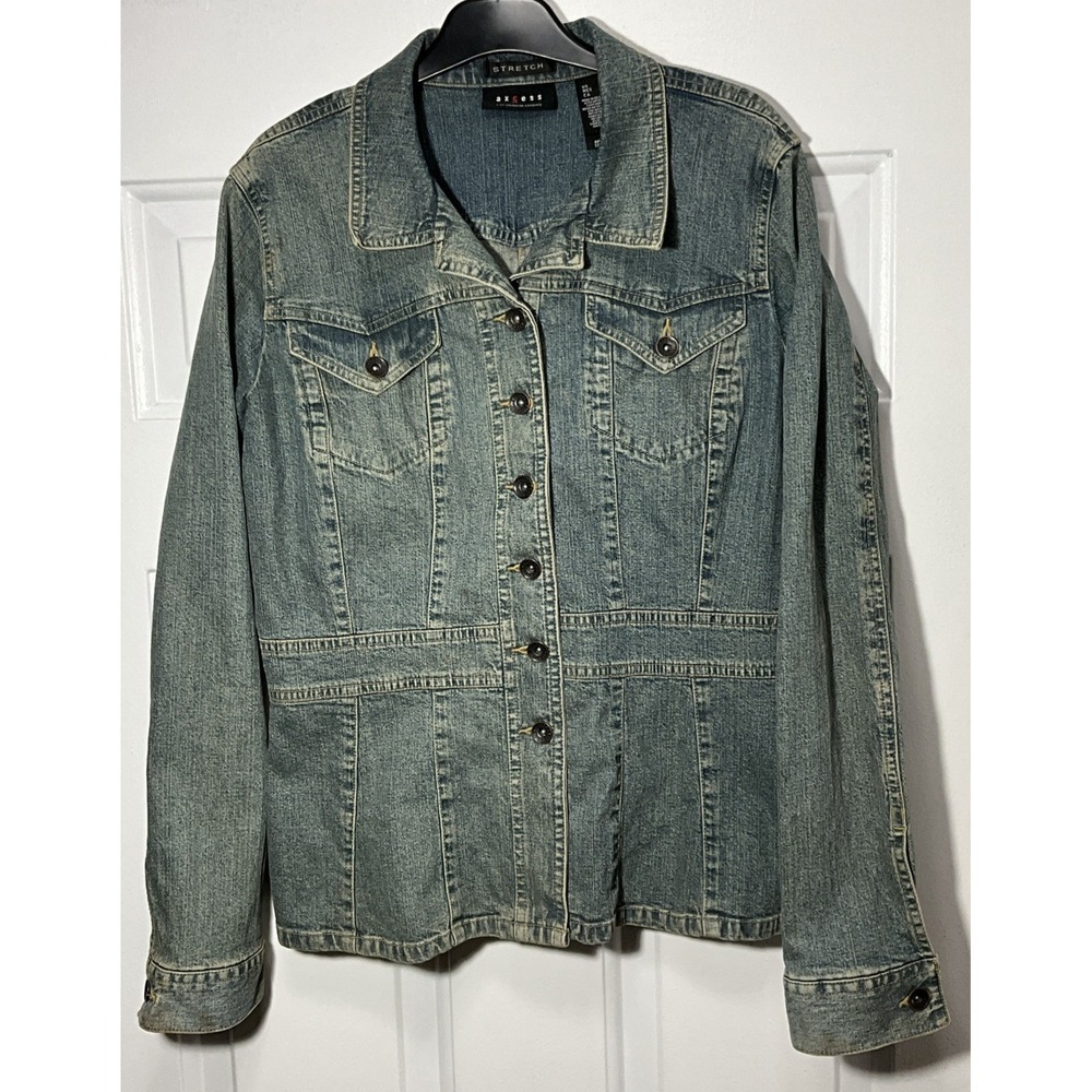 Axcess Liz Claiborne Stretch Blue Wash Biker Denim Jean Jacket Women's Large